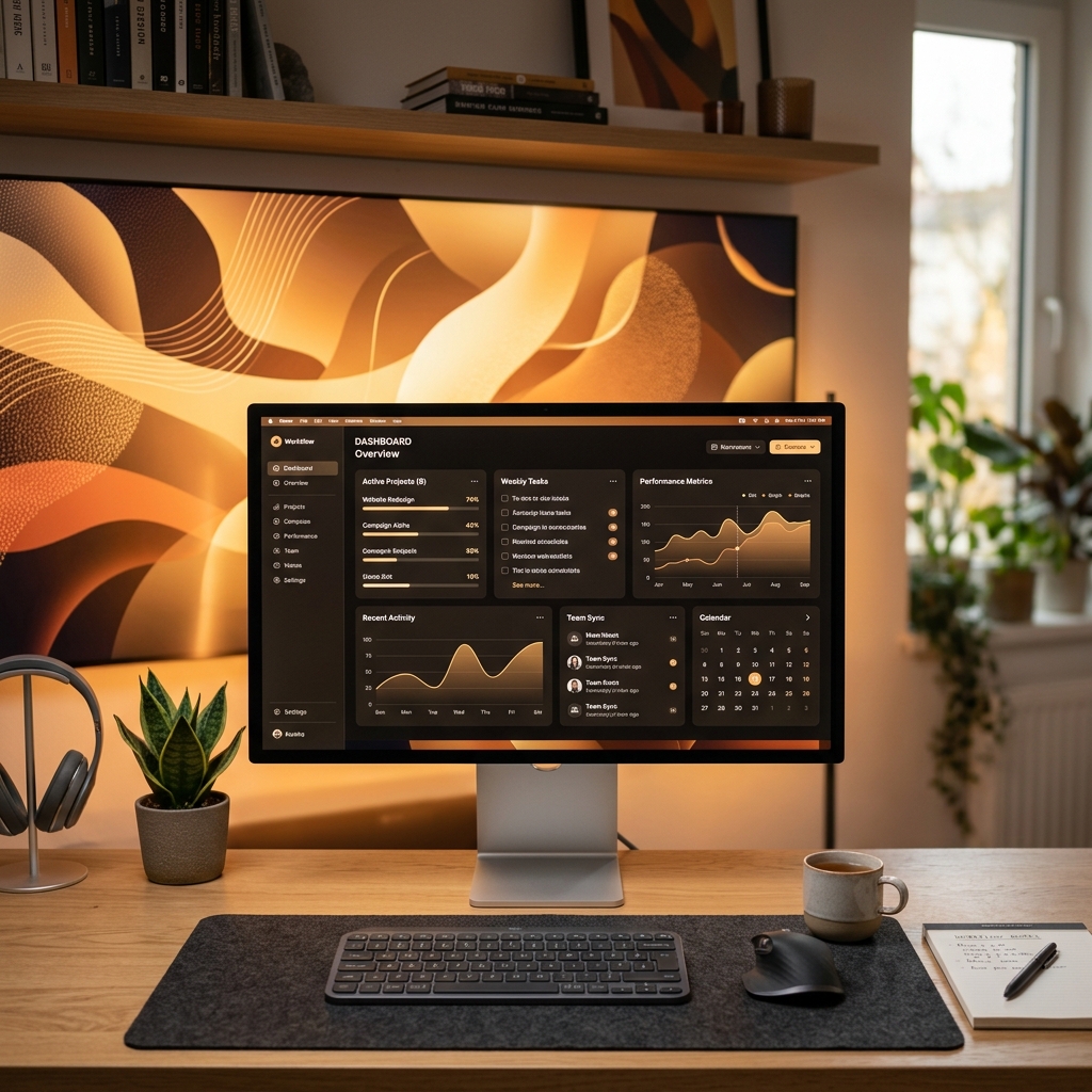 Modern developer workstation showing a productivity dashboard