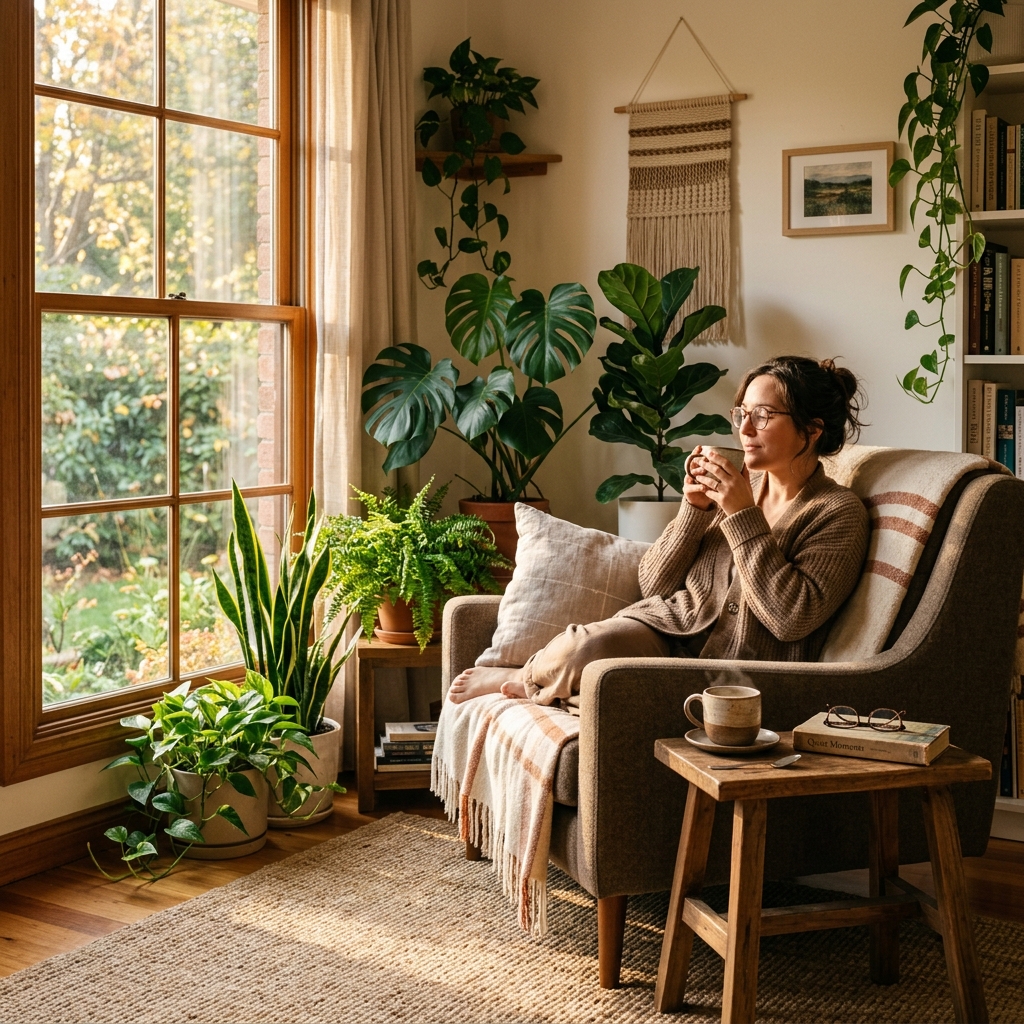 Cozy room corner with houseplants and soft lighting